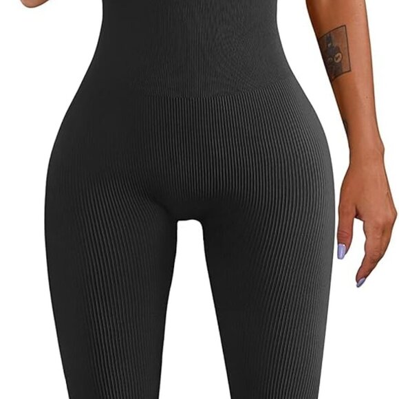 Women Workout Seamless Jumpsuit Yoga Ribbed Bodycon One Piece Tank Top Leggings - Picture 1 of 5